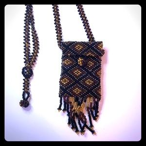 Glass Seed Bead Pouch Necklace Brown Tones